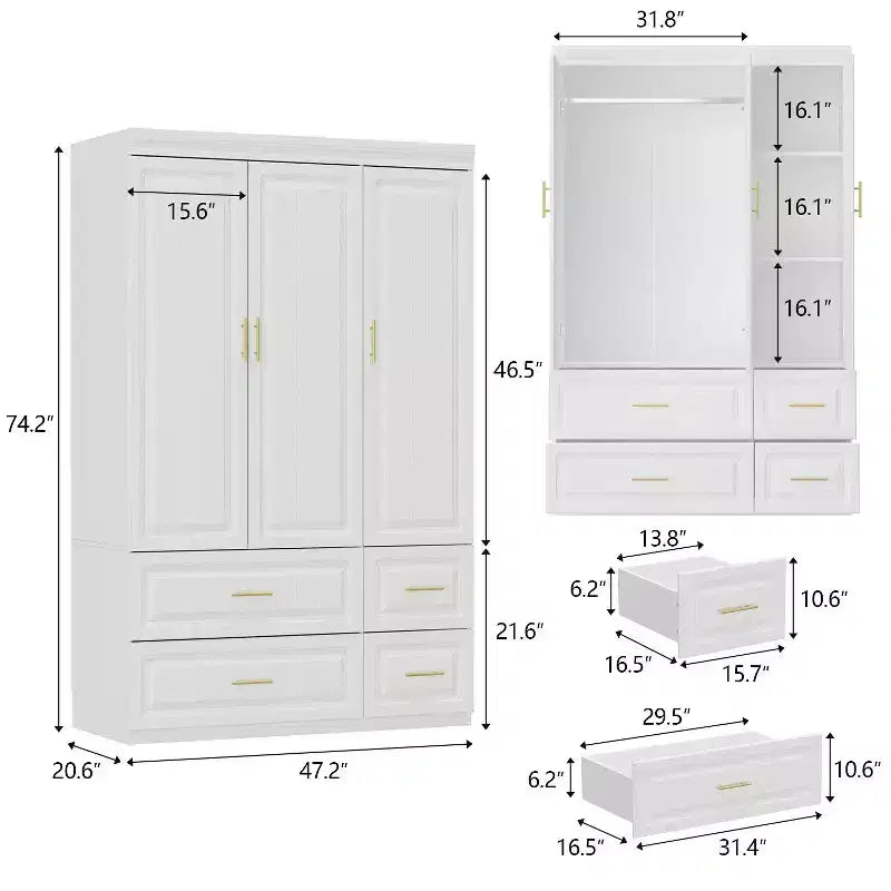 Armoire blanche Ensemble de penderies minimalistes modernes à motifs linéaires et accessoires dorés
