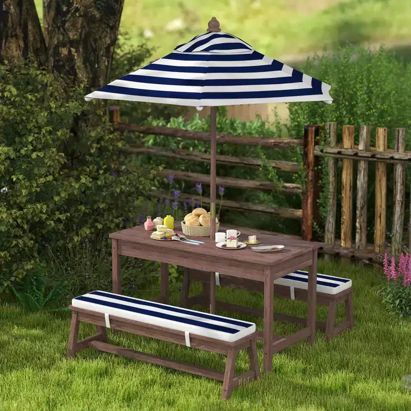 Table de pique-nique pour enfants, ensemble table et bancs d'extérieur en bois avec coussins et parasol, pour terrasse, jardin, bleu marine