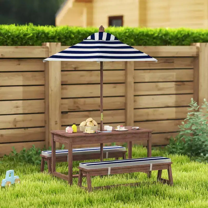 Table de pique-nique pour enfants, ensemble table et bancs d'extérieur en bois avec coussins et parasol, pour terrasse, jardin, bleu marine