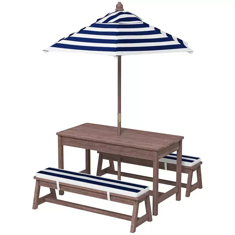 Table de pique-nique pour enfants, ensemble table et bancs d'extérieur en bois avec coussins et parasol, pour terrasse, jardin, bleu marine