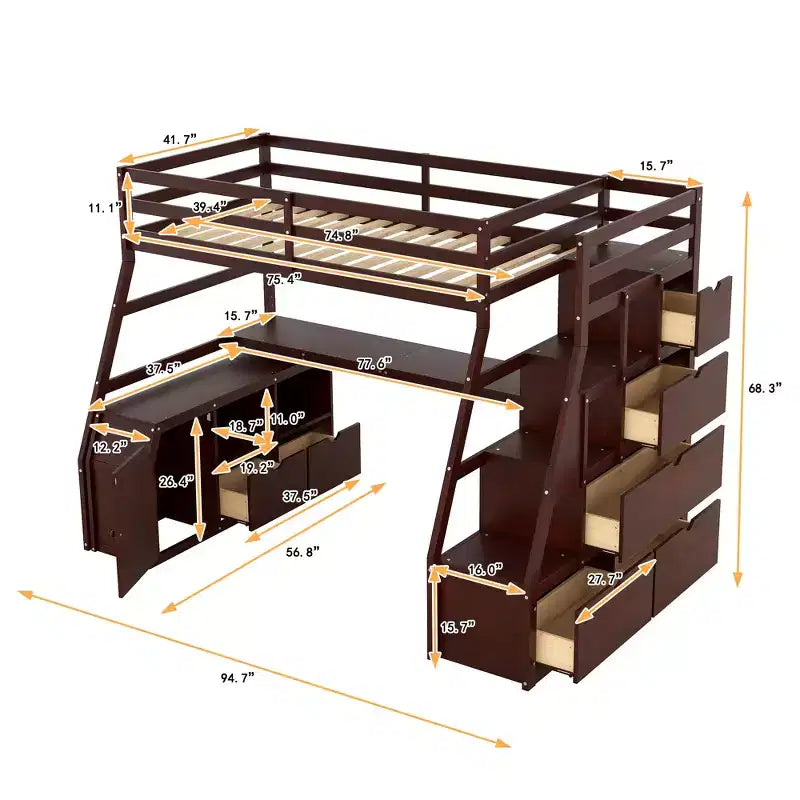 94,7L x 56,8l Lit mezzanine unique de taille double avec 7 tiroirs, 2 étagères et un bureau, espace de couchage confortable