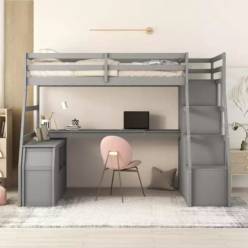 94,7L x 56,8l Lit mezzanine unique de taille double avec 7 tiroirs, 2 étagères et un bureau, espace de couchage confortable