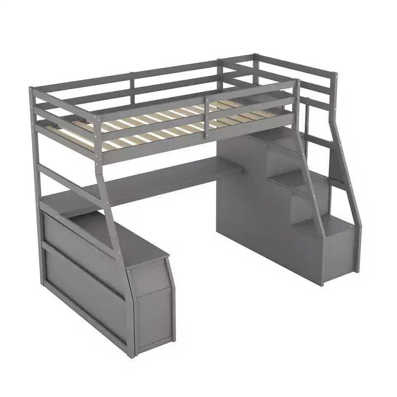 94,7L x 56,8l Lit mezzanine unique de taille double avec 7 tiroirs, 2 étagères et un bureau, espace de couchage confortable