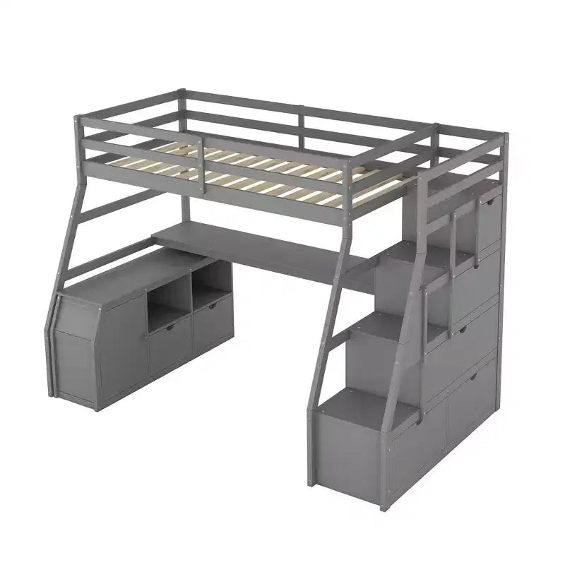 94,7L x 56,8l Lit mezzanine unique de taille double avec 7 tiroirs, 2 étagères et un bureau, espace de couchage confortable