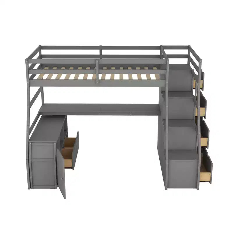 94,7L x 56,8l Lit mezzanine unique de taille double avec 7 tiroirs, 2 étagères et un bureau, espace de couchage confortable