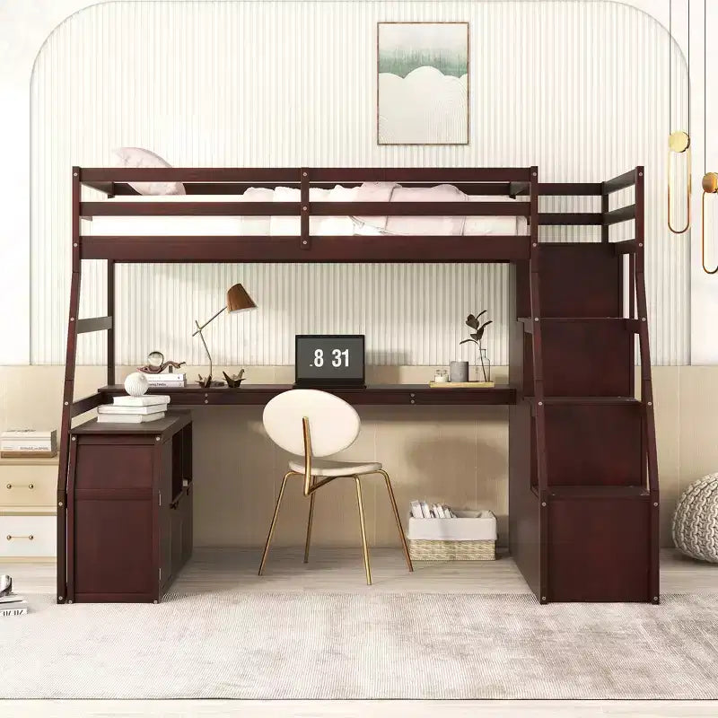 94,7L x 56,8l Lit mezzanine unique de taille double avec 7 tiroirs, 2 étagères et un bureau, espace de couchage confortable