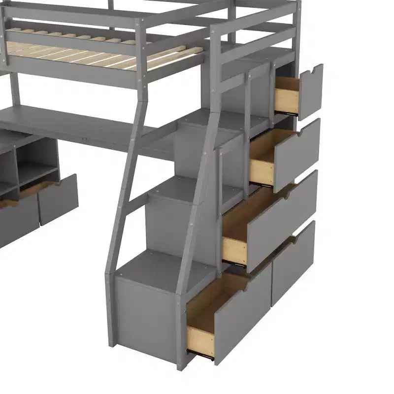 94,7L x 56,8l Lit mezzanine unique de taille double avec 7 tiroirs, 2 étagères et un bureau, espace de couchage confortable
