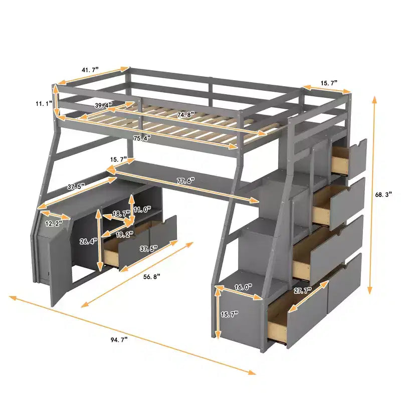94,7L x 56,8l Lit mezzanine unique de taille double avec 7 tiroirs, 2 étagères et un bureau, espace de couchage confortable