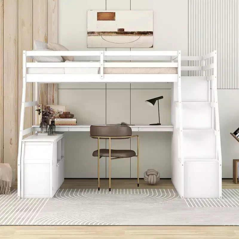 94,7L x 56,8l Lit mezzanine unique de taille double avec 7 tiroirs, 2 étagères et un bureau, espace de couchage confortable