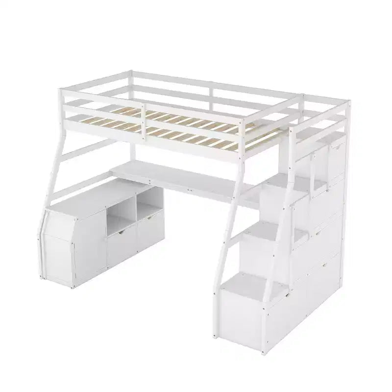 94,7L x 56,8l Lit mezzanine unique de taille double avec 7 tiroirs, 2 étagères et un bureau, espace de couchage confortable