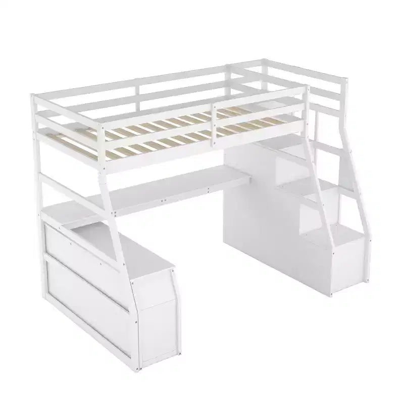 94,7L x 56,8l Lit mezzanine unique de taille double avec 7 tiroirs, 2 étagères et un bureau, espace de couchage confortable
