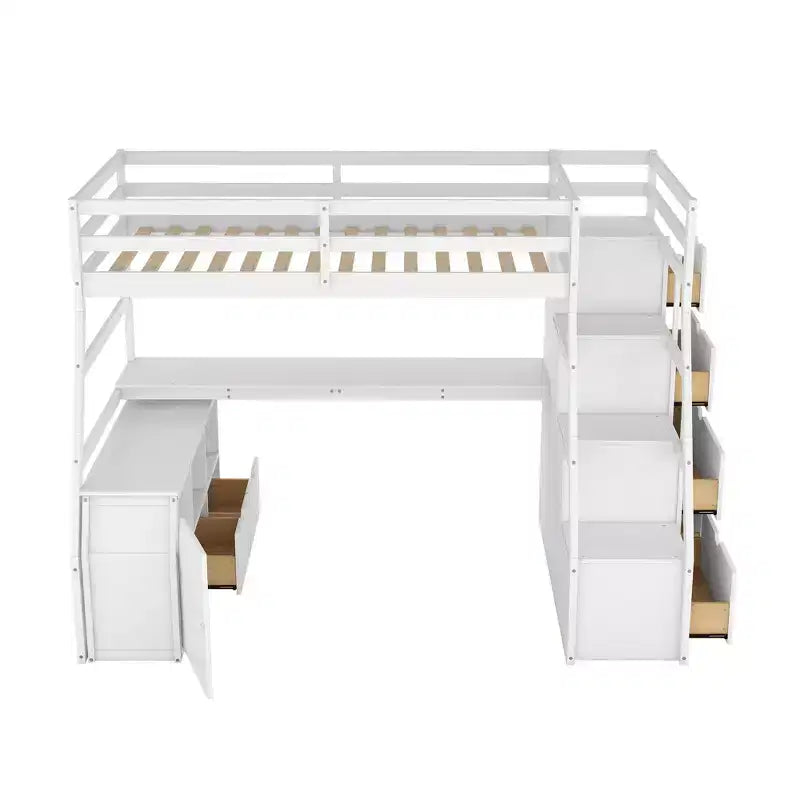 94,7L x 56,8l Lit mezzanine unique de taille double avec 7 tiroirs, 2 étagères et un bureau, espace de couchage confortable