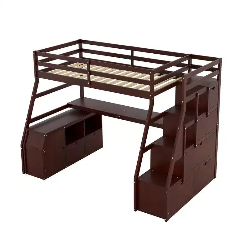 94,7L x 56,8l Lit mezzanine unique de taille double avec 7 tiroirs, 2 étagères et un bureau, espace de couchage confortable