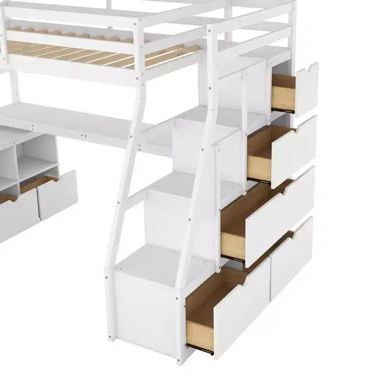 94,7L x 56,8l Lit mezzanine unique de taille double avec 7 tiroirs, 2 étagères et un bureau, espace de couchage confortable