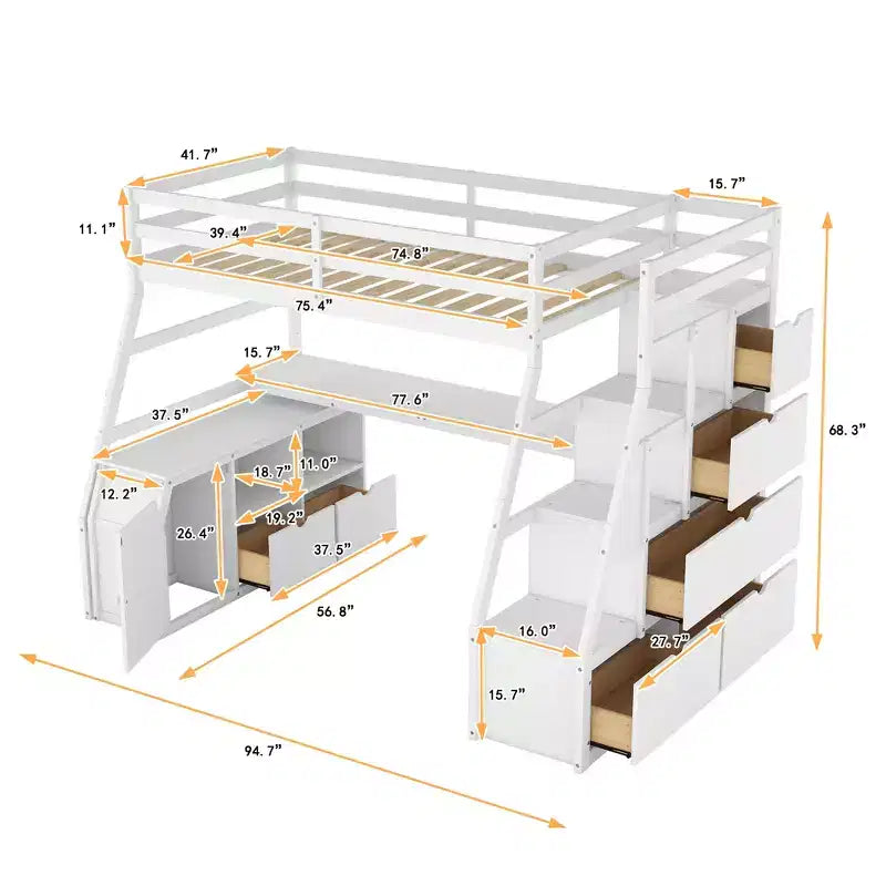 94,7L x 56,8l Lit mezzanine unique de taille double avec 7 tiroirs, 2 étagères et un bureau, espace de couchage confortable