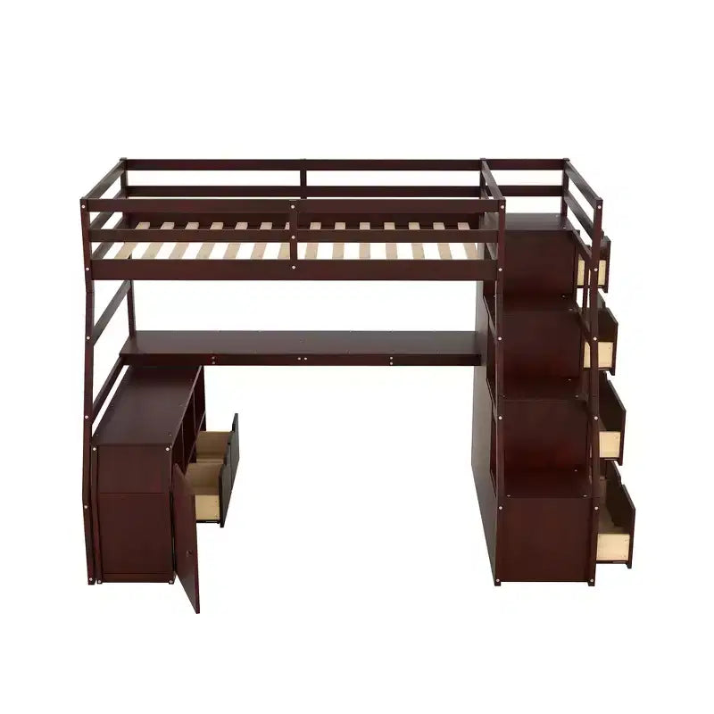 94,7L x 56,8l Lit mezzanine unique de taille double avec 7 tiroirs, 2 étagères et un bureau, espace de couchage confortable
