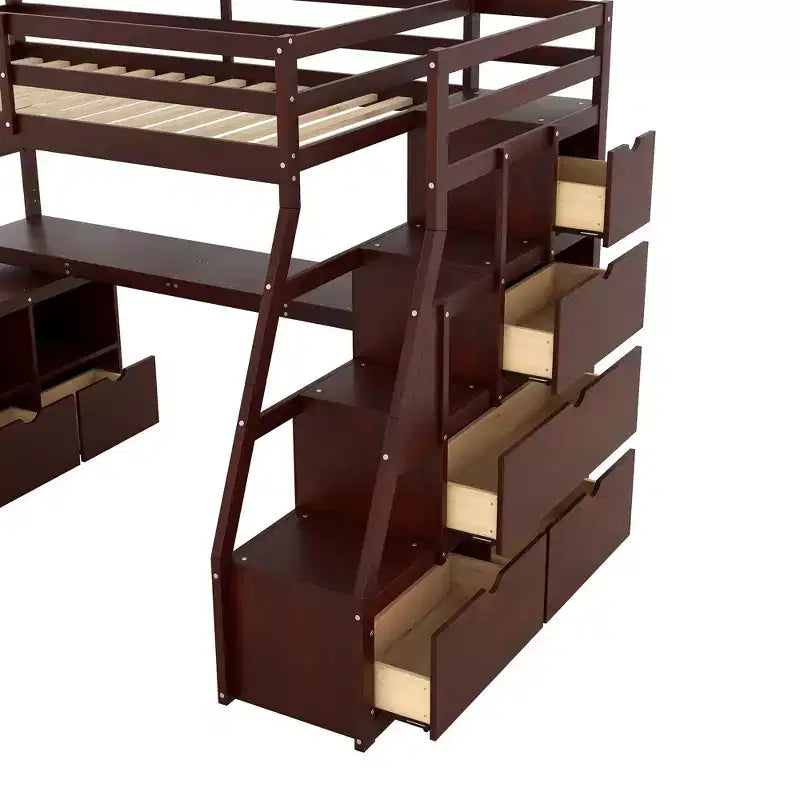 94,7L x 56,8l Lit mezzanine unique de taille double avec 7 tiroirs, 2 étagères et un bureau, espace de couchage confortable