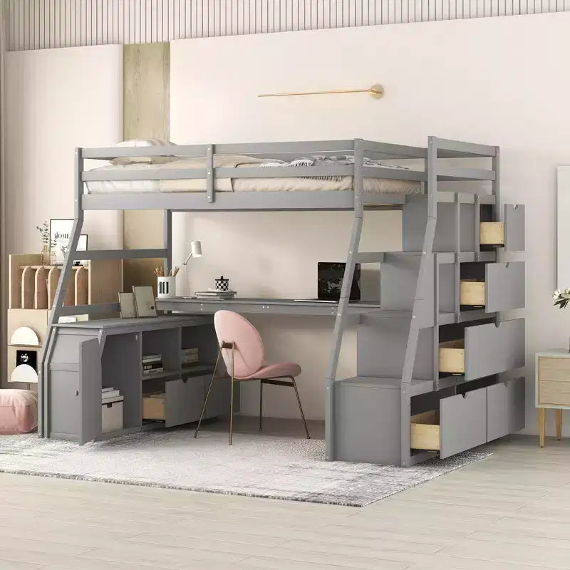 94,7L x 56,8l Lit mezzanine unique de taille double avec 7 tiroirs, 2 étagères et un bureau, espace de couchage confortable