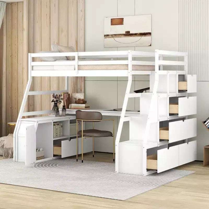 94,7L x 56,8l Lit mezzanine unique de taille double avec 7 tiroirs, 2 étagères et un bureau, espace de couchage confortable