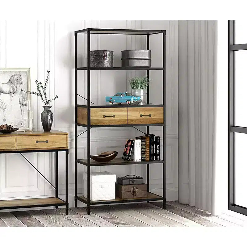 Étagère à 5 niveaux au design rustique avec 2 tiroirs, 174 cm, base noire