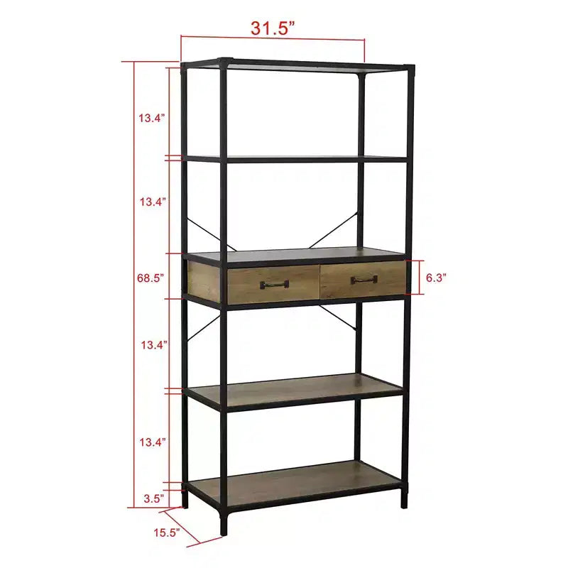 Étagère à 5 niveaux au design rustique avec 2 tiroirs, 174 cm, base noire