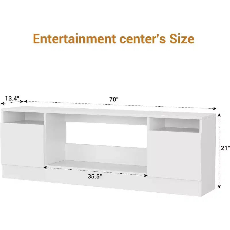 Meuble TV moderne blanc pour salon, Centre de divertissement pour TV jusqu'à 75 pouces, Meuble de rangement avec espace pour cheminée électrique, Console de 70 pouces