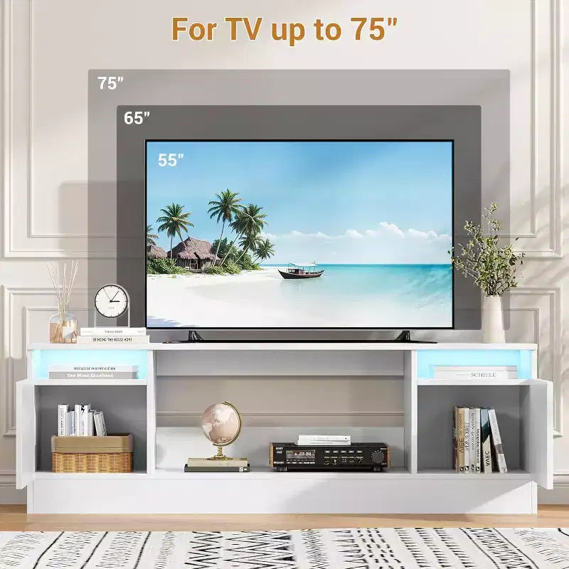 Meuble TV moderne blanc pour salon, Centre de divertissement pour TV jusqu'à 75 pouces, Meuble de rangement avec espace pour cheminée électrique, Console de 70 pouces