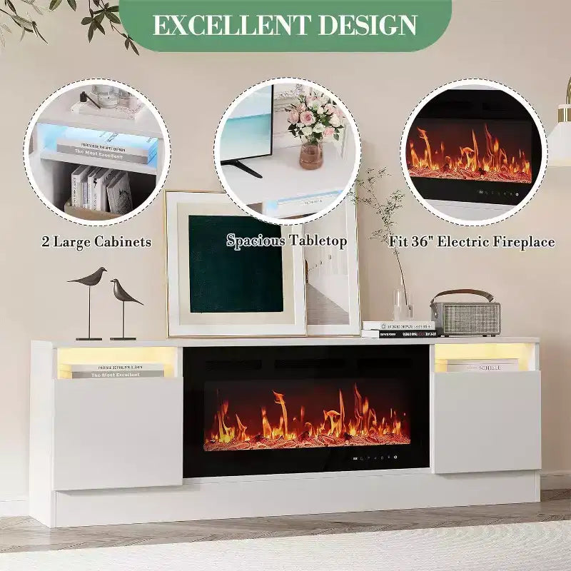 Meuble TV moderne blanc pour salon, Centre de divertissement pour TV jusqu'à 75 pouces, Meuble de rangement avec espace pour cheminée électrique, Console de 70 pouces
