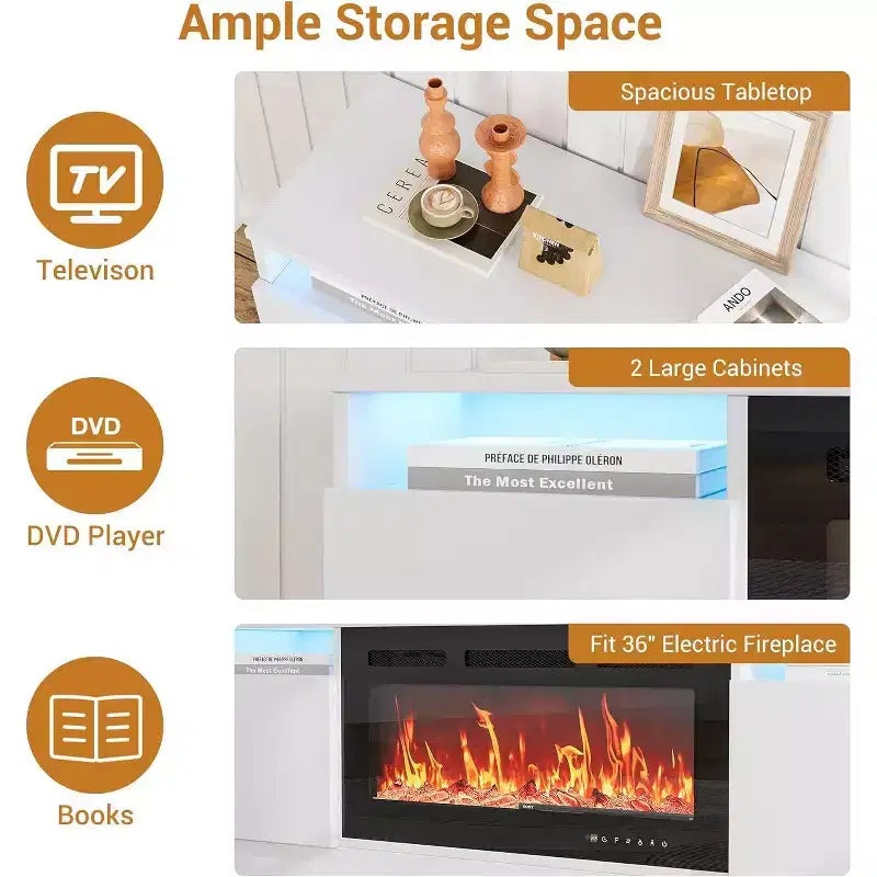 Meuble TV moderne blanc pour salon, Centre de divertissement pour TV jusqu'à 75 pouces, Meuble de rangement avec espace pour cheminée électrique, Console de 70 pouces