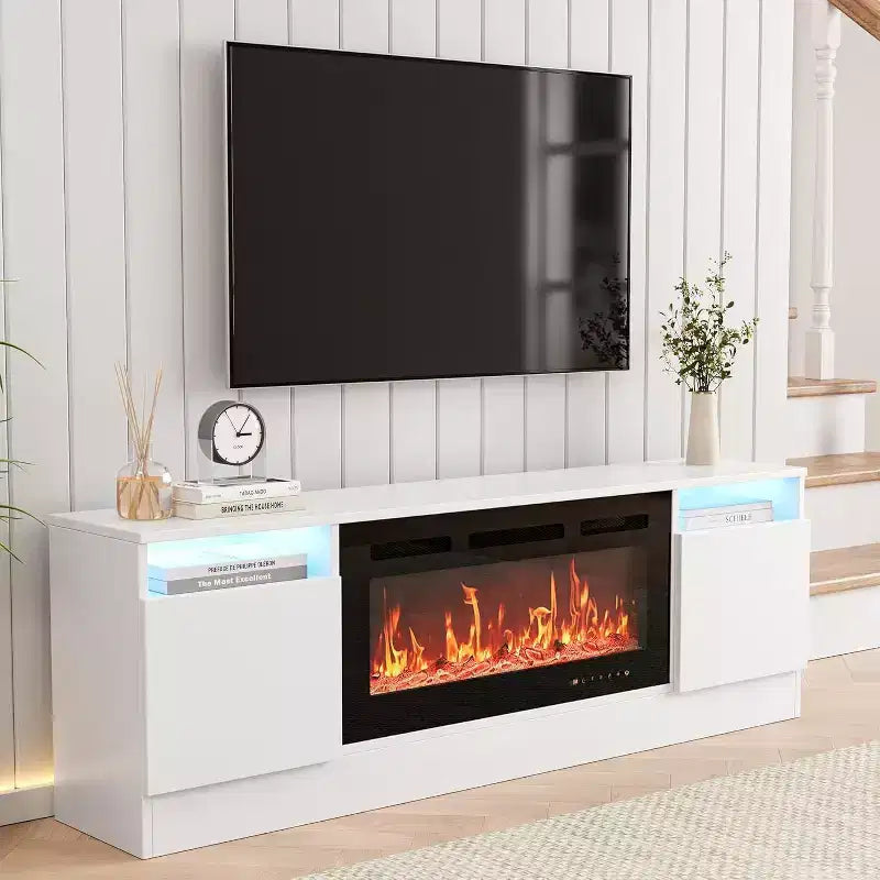 Meuble TV moderne blanc pour salon, Centre de divertissement pour TV jusqu'à 75 pouces, Meuble de rangement avec espace pour cheminée électrique, Console de 70 pouces