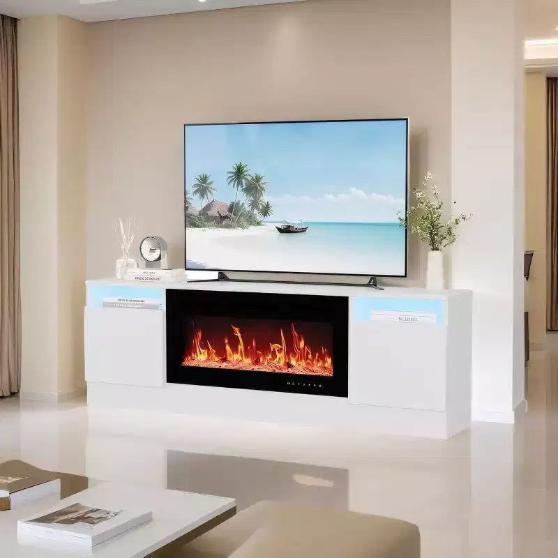 Meuble TV moderne blanc pour salon, Centre de divertissement pour TV jusqu'à 75 pouces, Meuble de rangement avec espace pour cheminée électrique, Console de 70 pouces
