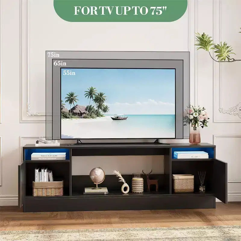 Meuble TV moderne blanc pour salon, Centre de divertissement pour TV jusqu'à 75 pouces, Meuble de rangement avec espace pour cheminée électrique, Console de 70 pouces