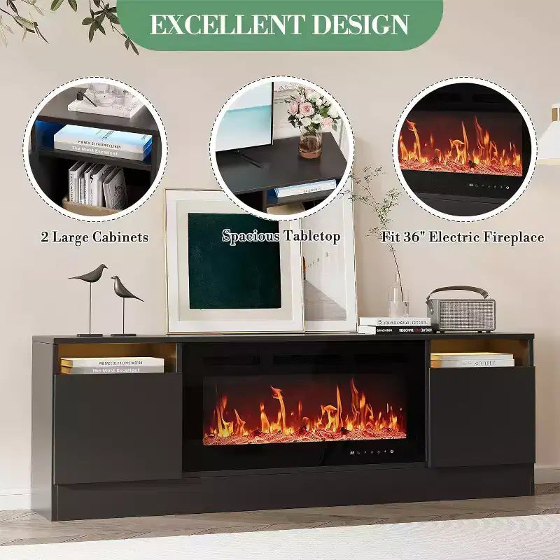 Meuble TV moderne blanc pour salon, Centre de divertissement pour TV jusqu'à 75 pouces, Meuble de rangement avec espace pour cheminée électrique, Console de 70 pouces