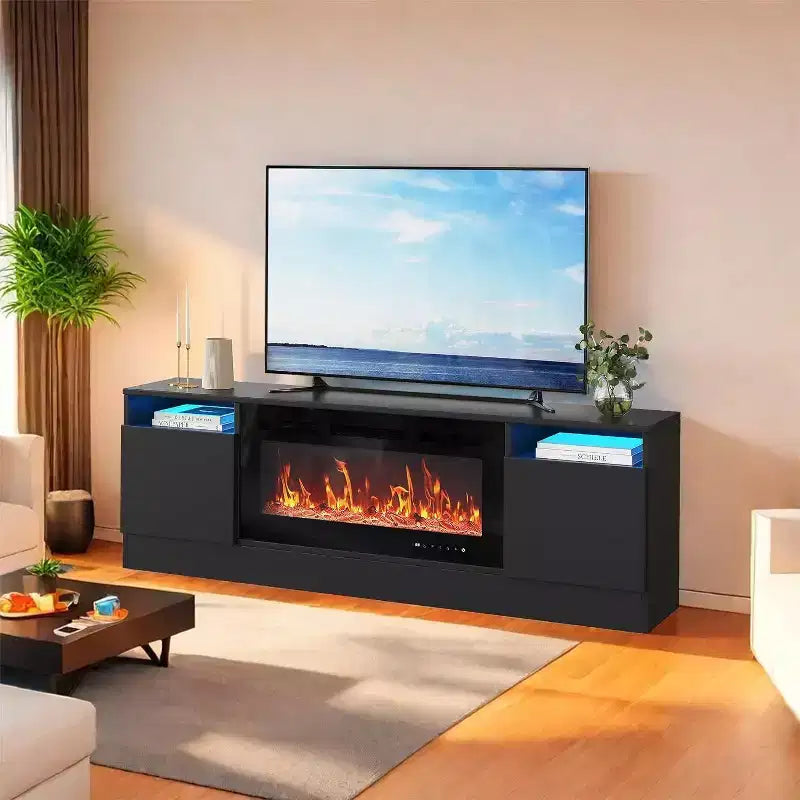 Meuble TV moderne blanc pour salon, Centre de divertissement pour TV jusqu'à 75 pouces, Meuble de rangement avec espace pour cheminée électrique, Console de 70 pouces