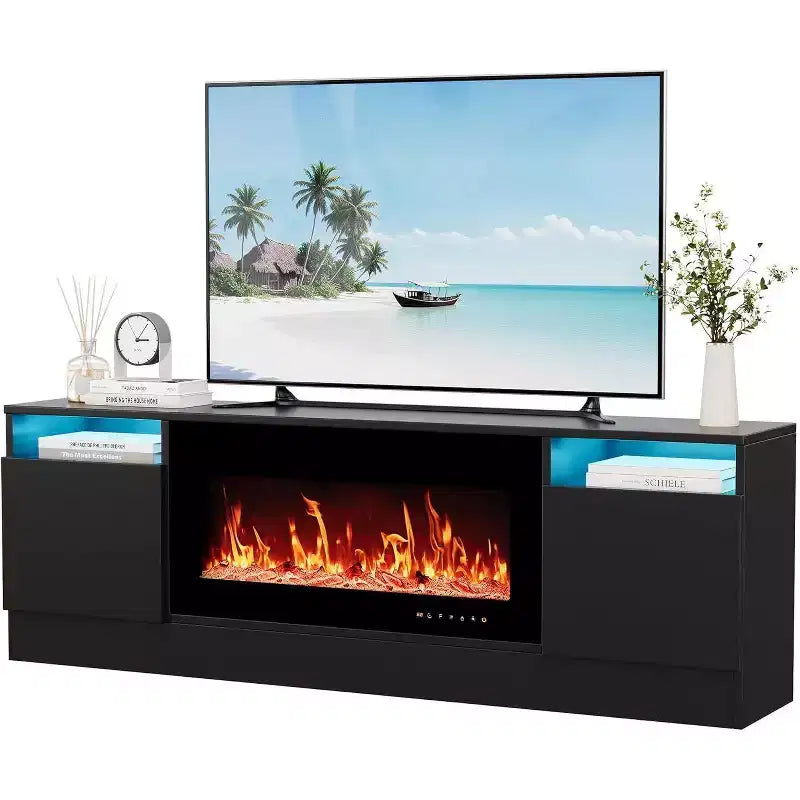 Meuble TV moderne blanc pour salon, Centre de divertissement pour TV jusqu'à 75 pouces, Meuble de rangement avec espace pour cheminée électrique, Console de 70 pouces
