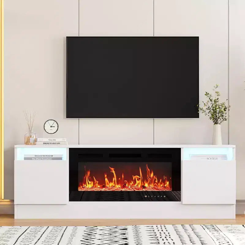 Meuble TV moderne blanc pour salon, Centre de divertissement pour TV jusqu'à 75 pouces, Meuble de rangement avec espace pour cheminée électrique, Console de 70 pouces