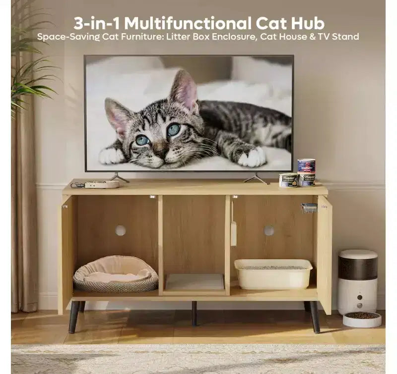 47Cache-litière pour chat, meuble de toilette pour chat, maison pour chat avec tapis de litière, meuble TV pour téléviseurs jusqu'à 55'' pour salon, chambre à coucher