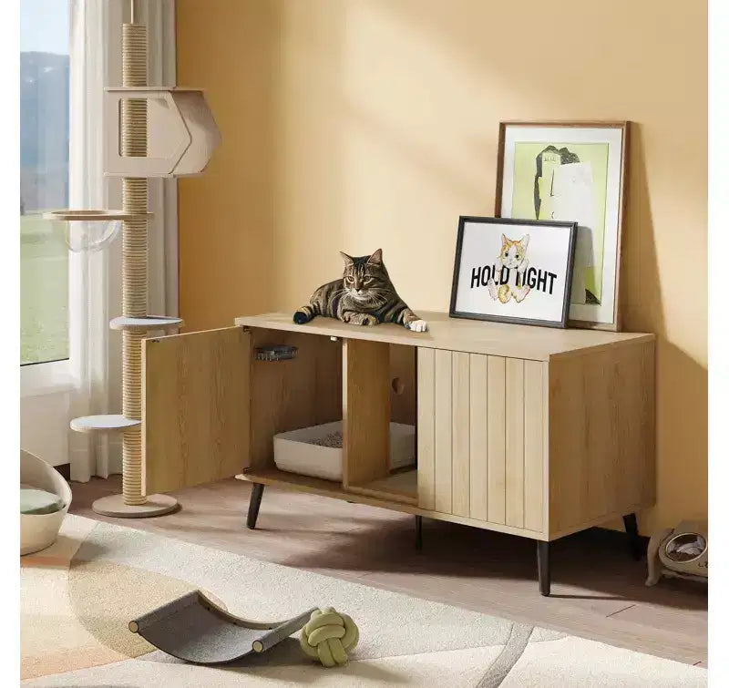 47Cache-litière pour chat, meuble de toilette pour chat, maison pour chat avec tapis de litière, meuble TV pour téléviseurs jusqu'à 55'' pour salon, chambre à coucher