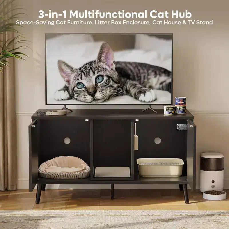 47Cache-litière pour chat, meuble de toilette pour chat, maison pour chat avec tapis de litière, meuble TV pour téléviseurs jusqu'à 55'' pour salon, chambre à coucher
