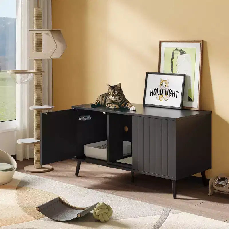 47Cache-litière pour chat, meuble de toilette pour chat, maison pour chat avec tapis de litière, meuble TV pour téléviseurs jusqu'à 55'' pour salon, chambre à coucher