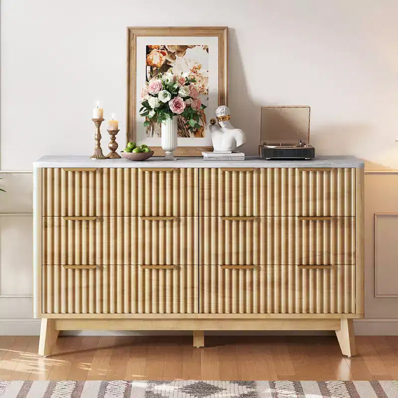 Commode à 6 tiroirs cannelés avec plateau en faux marbre, chiffonnier de 137 cm de large pour chambre, salon, couloir, entrée