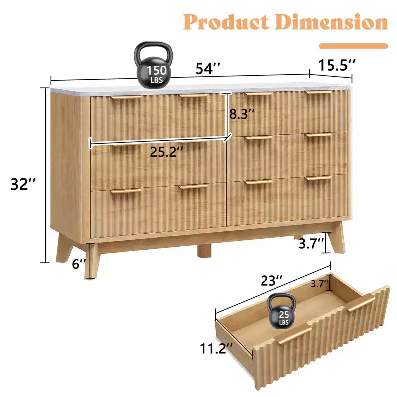 Commode à 6 tiroirs cannelés avec plateau en faux marbre, chiffonnier de 137 cm de large pour chambre, salon, couloir, entrée