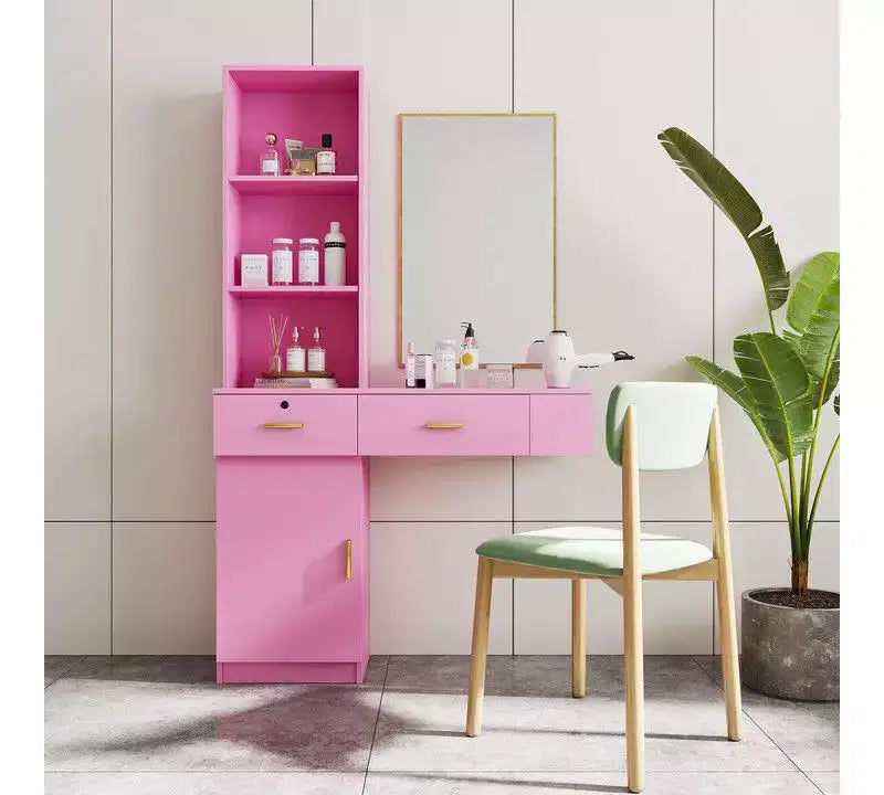 Coiffeuse avec Lumières, Coiffeuse Moderne et Élégante avec Système de Rangement Multi-niveaux et Miroir Intégré, Ensemble de Maquillage pour Chambre, Rose