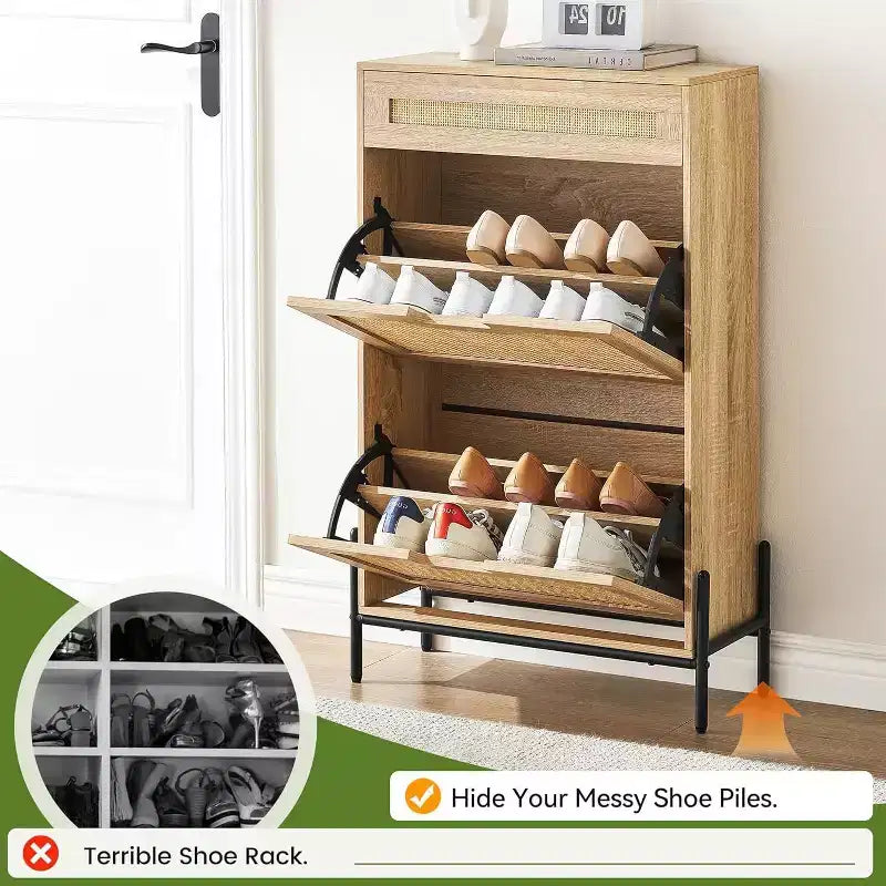 Meuble de rangement en rotin naturel avec 2 tiroirs basculants, étagères réglables et pieds en métal, organisateur de chaussures d'entrée fin