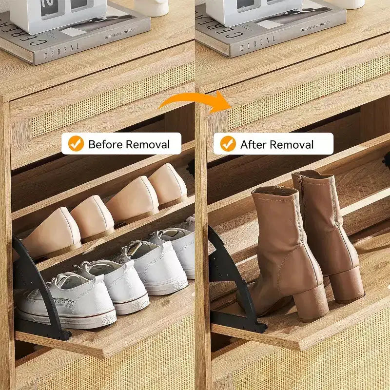 Meuble de rangement en rotin naturel avec 2 tiroirs basculants, étagères réglables et pieds en métal, organisateur de chaussures d'entrée fin