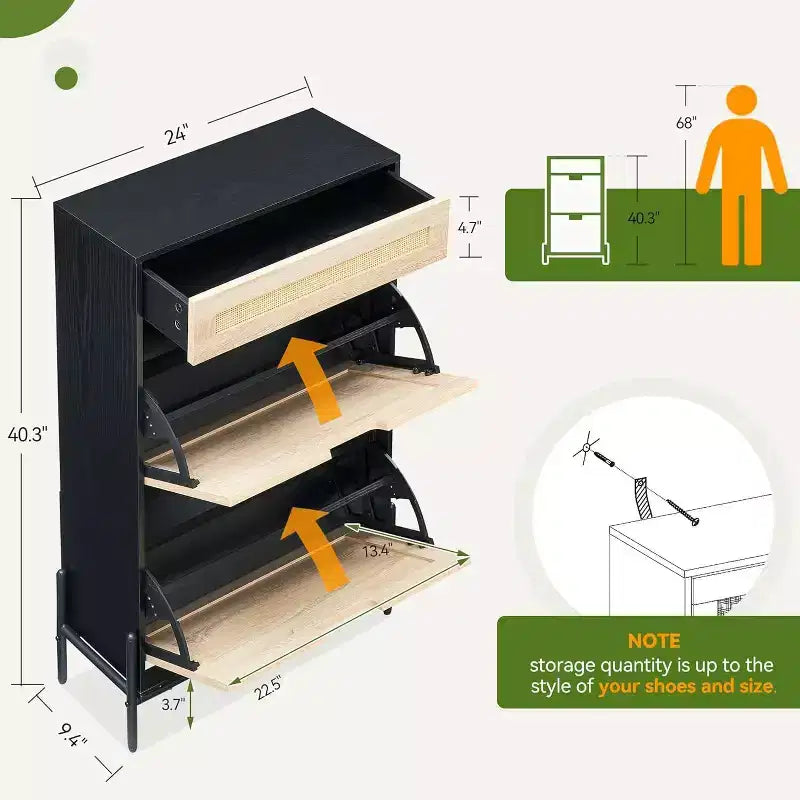 Meuble de rangement en rotin naturel avec 2 tiroirs basculants, étagères réglables et pieds en métal, organisateur de chaussures d'entrée fin