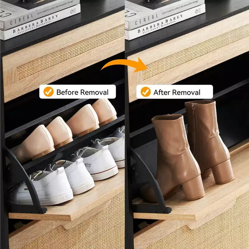 Meuble de rangement en rotin naturel avec 2 tiroirs basculants, étagères réglables et pieds en métal, organisateur de chaussures d'entrée fin
