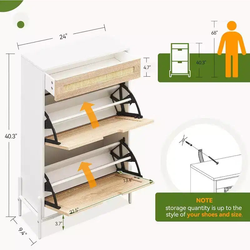 Meuble de rangement en rotin naturel avec 2 tiroirs basculants, étagères réglables et pieds en métal, organisateur de chaussures d'entrée fin