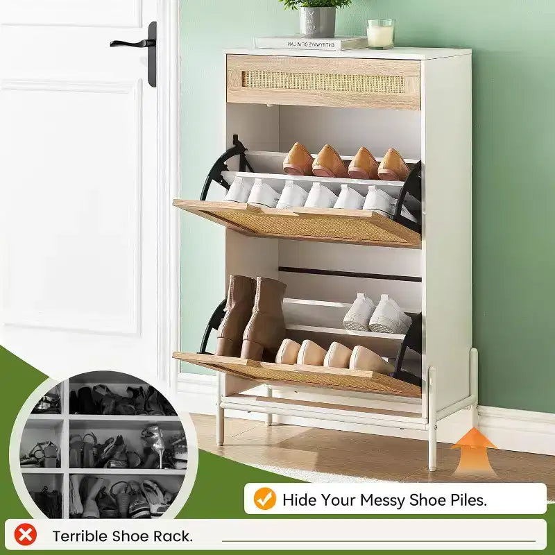 Meuble de rangement en rotin naturel avec 2 tiroirs basculants, étagères réglables et pieds en métal, organisateur de chaussures d'entrée fin