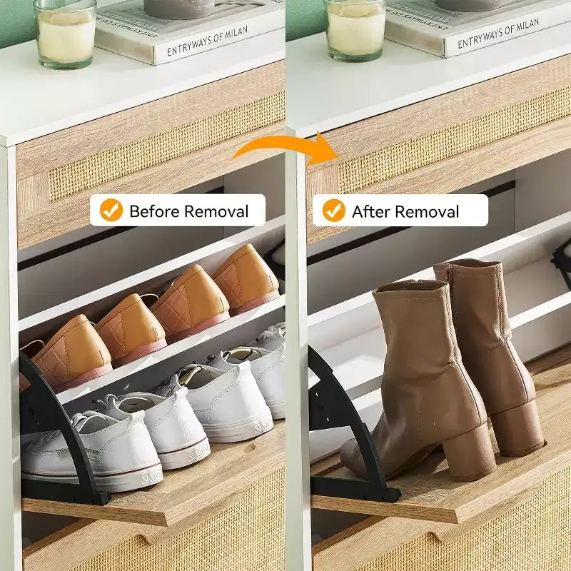 Meuble de rangement en rotin naturel avec 2 tiroirs basculants, étagères réglables et pieds en métal, organisateur de chaussures d'entrée fin